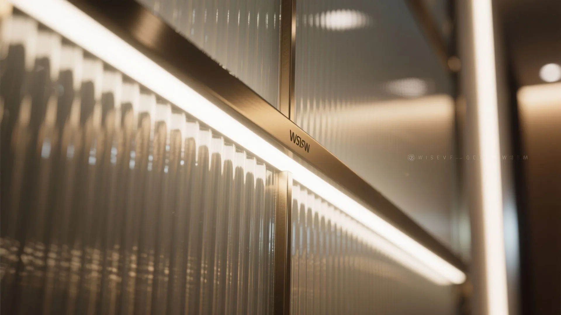 Macro of brushed metal and ribbed glass micro-reflectors softly bouncing warm accent light near a mirror edge.
