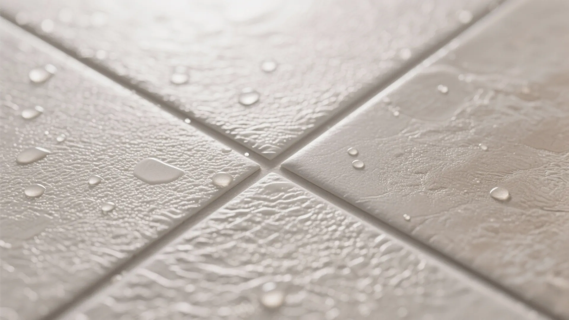 Close up of white textured floor tiles with water droplets on the surface under soft light