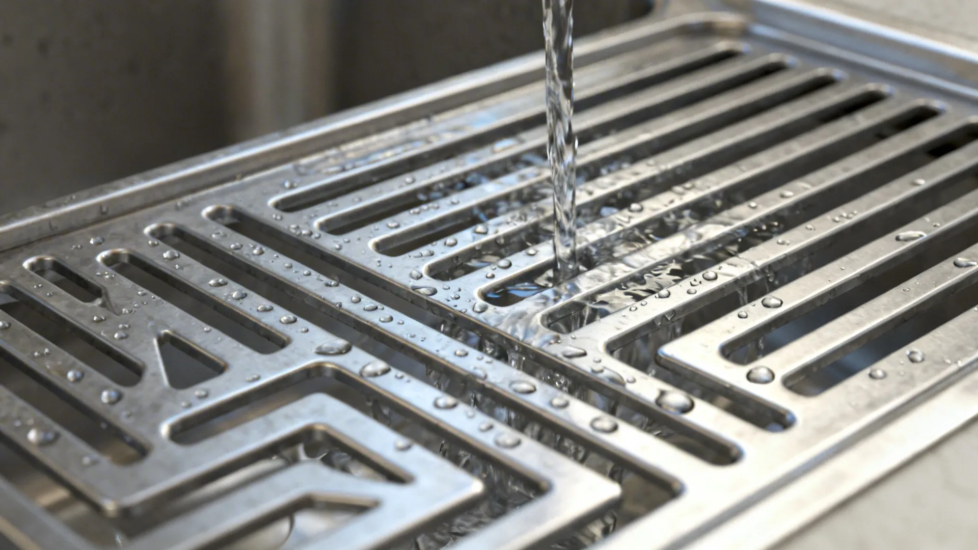 Macro of stainless micro-ridges guiding water back into the sink basin.