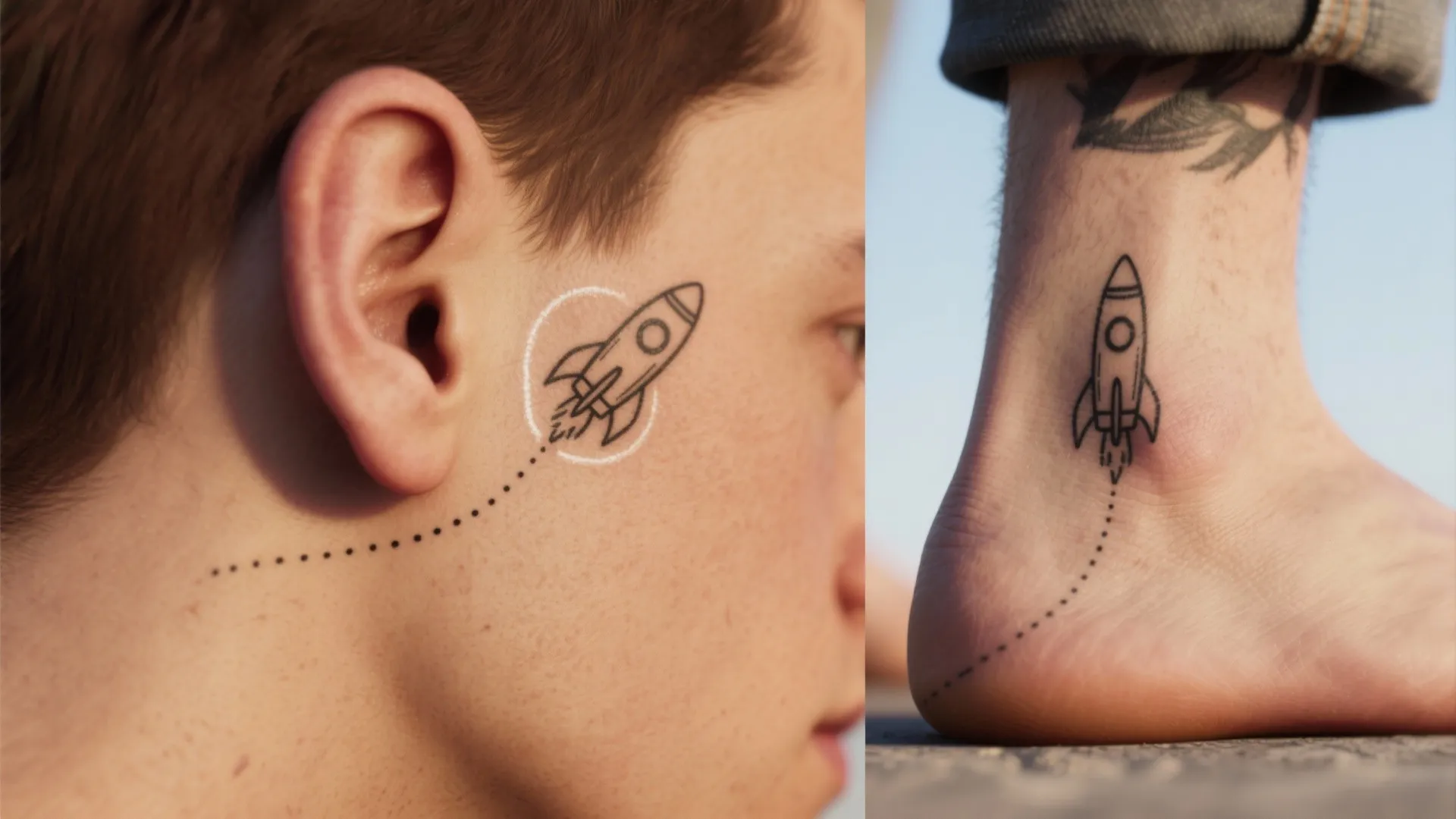 Two photos showing small rocket ship line art designs on a neck and an ankle bone