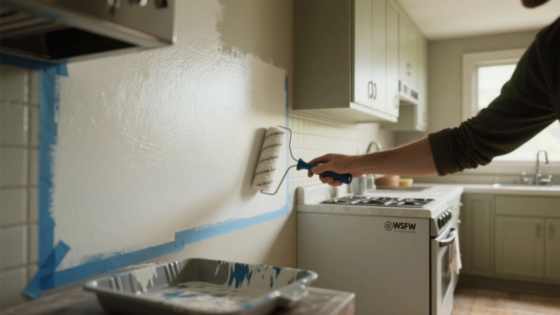 Small kitchen wall being painted with a 4-inch micro-roller and a narrow brush keeping a wet edge.