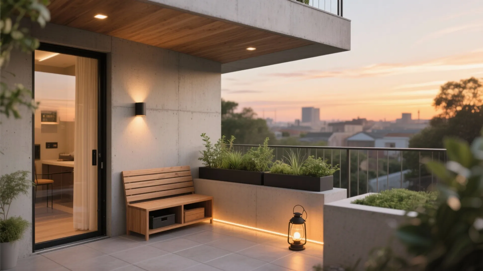 Modern apartment balcony at sunset with wooden bench wall light potted plants and city skyline view