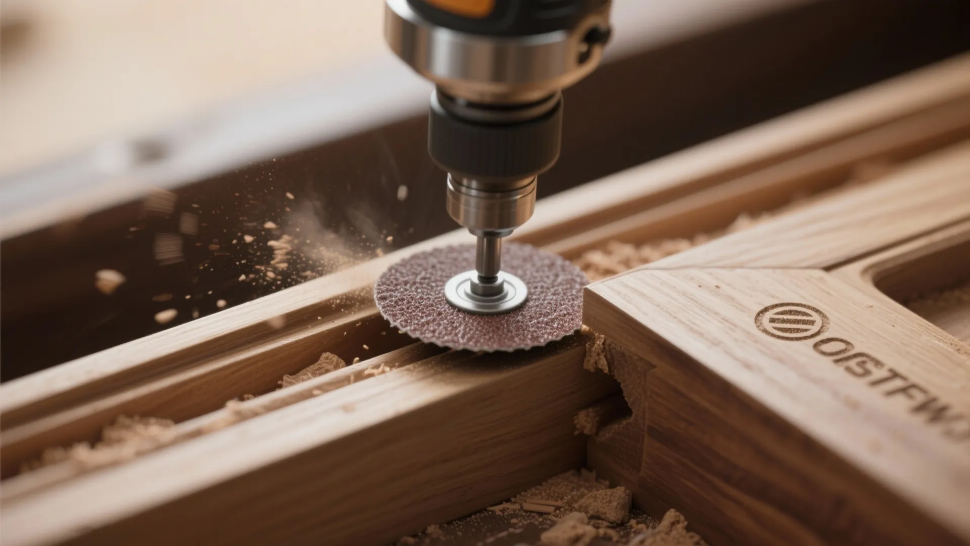 Small power tool with circular sanding disc smoothing wooden frame with sawdust flying in air