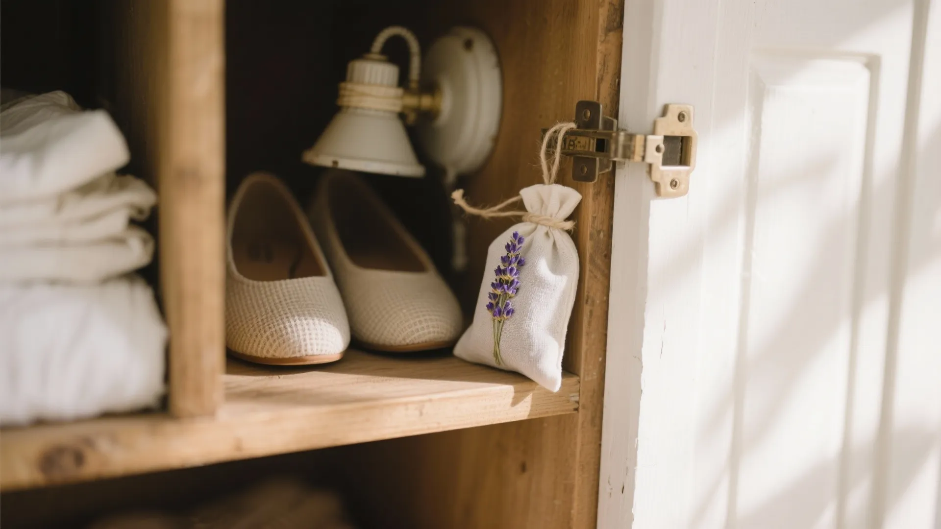 Small white lavender scent bag hanging on an open wooden cabinet door with white shoes
