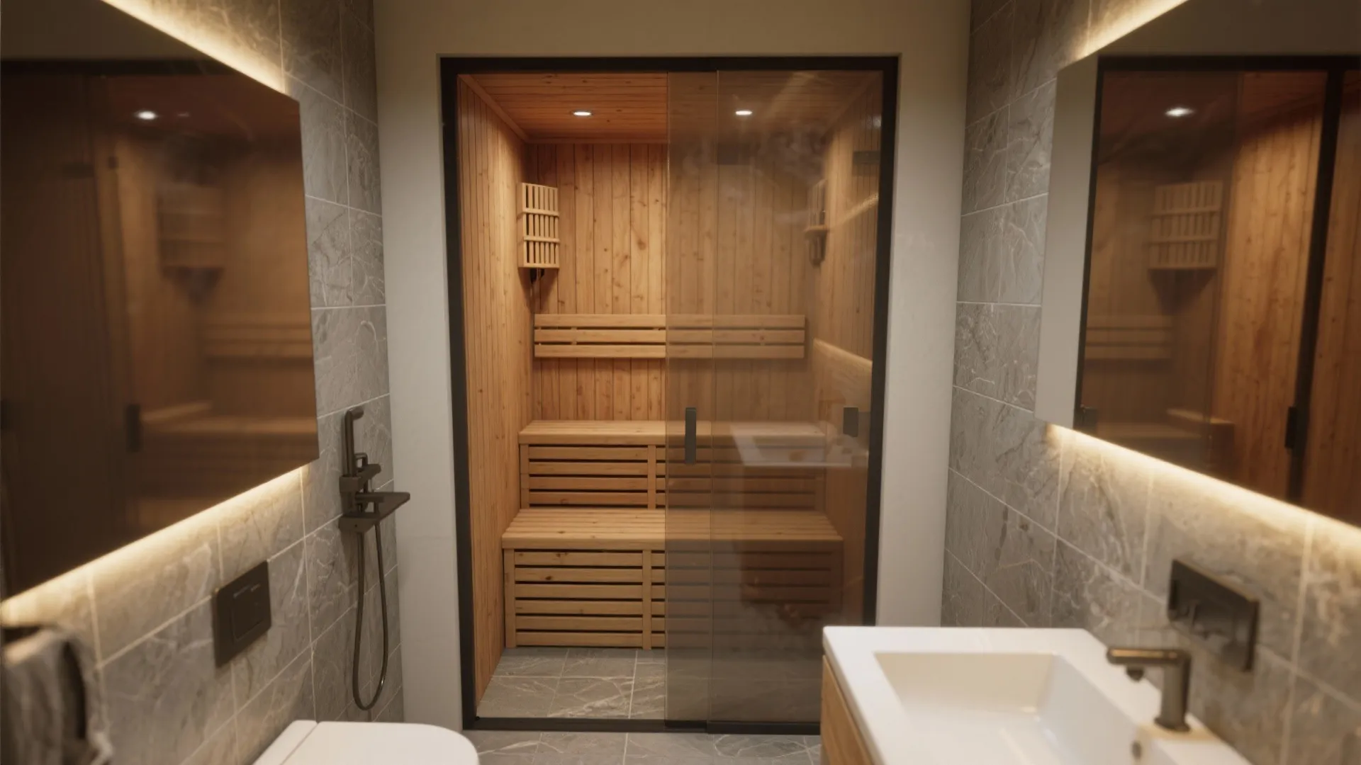Small home sauna room with wooden benches glass door warm lighting and grey stone wall tiles