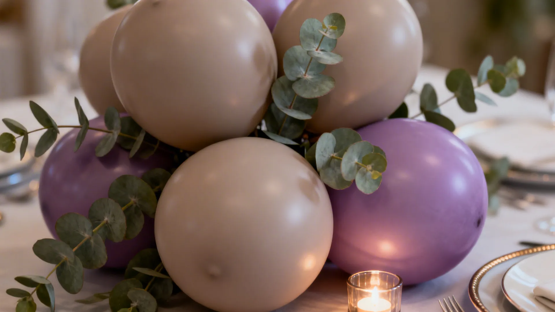 Close up of purple and beige balloons with green leaves on a white dinner table setting