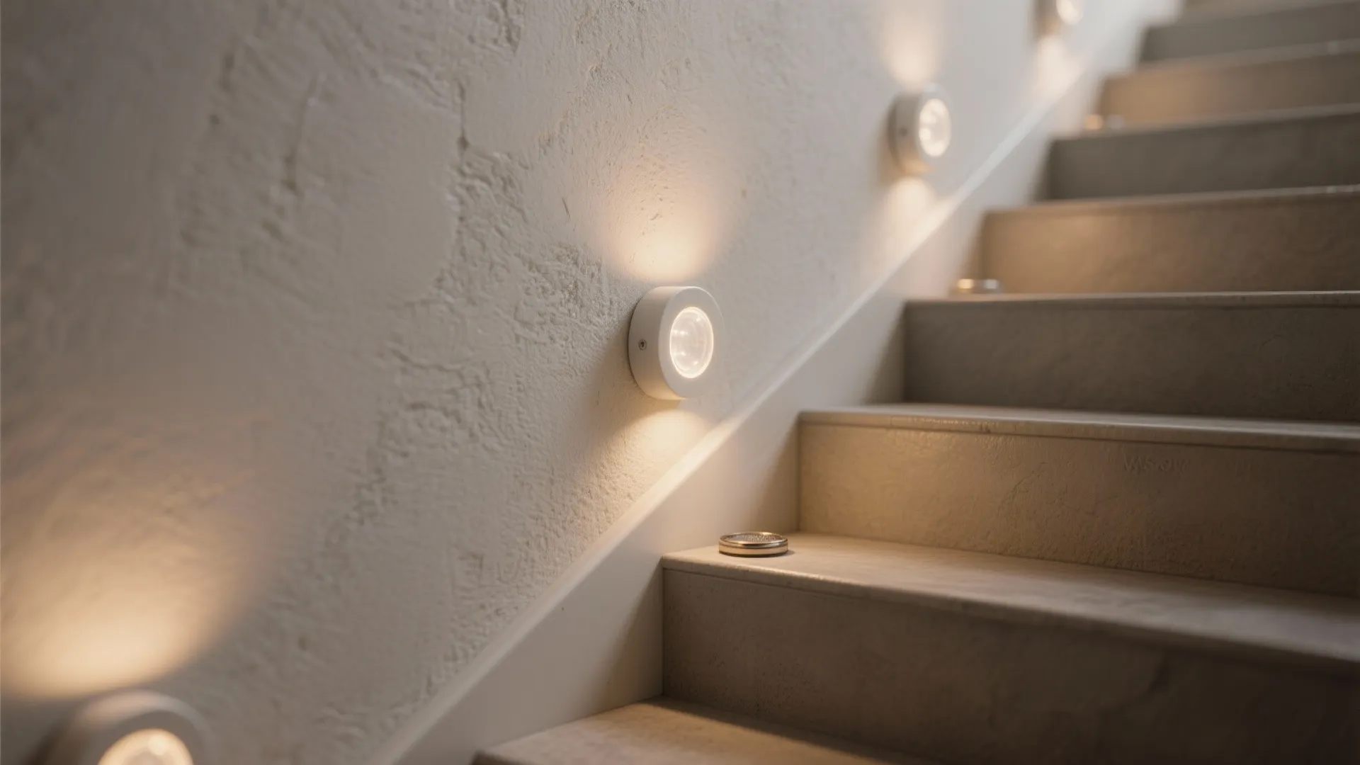 Macro view of a low-level micro sconce providing gentle guidance light along a stair wall.