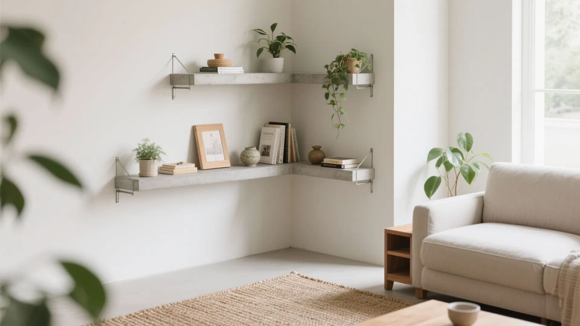 Floating microcement shelves for tight corners