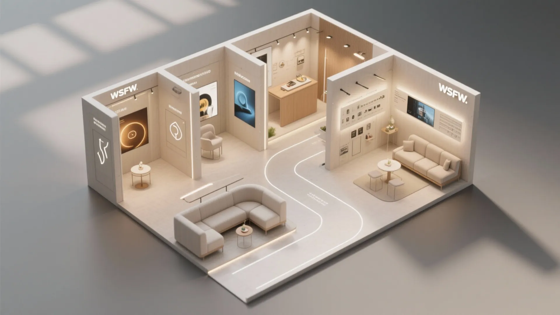 Top-down micro showroom plan showing circulation spine, curated zones, and a compact demo wall.