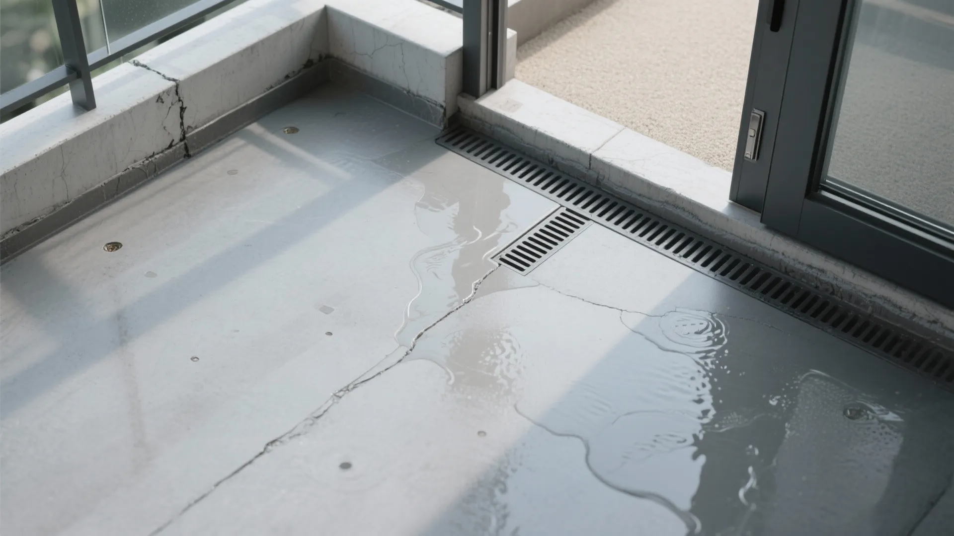 Water flowing on grey balcony floor into long floor drain near a glass balcony door