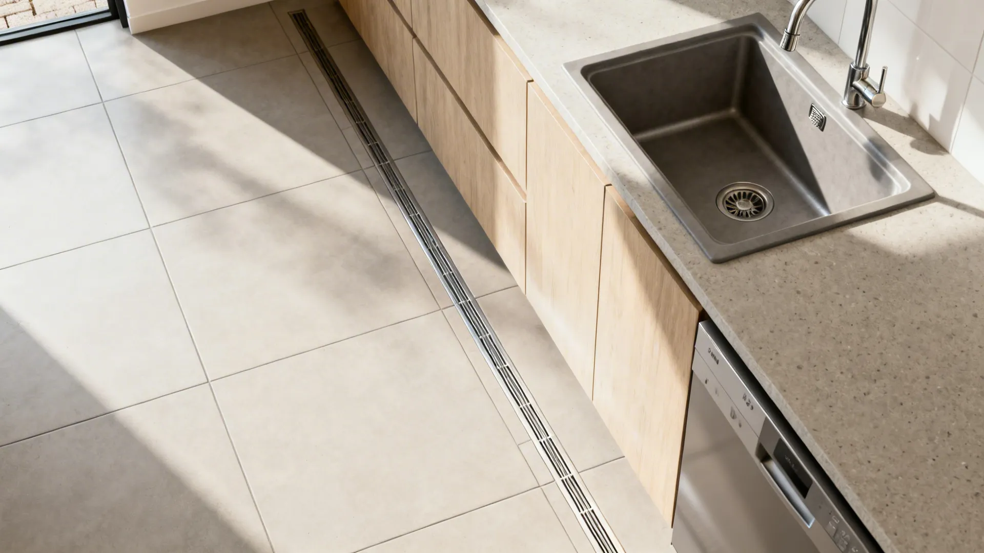 Top-down view of a kitchen wet zone with subtle floor slope and a discreet linear drain near the sink and dishwasher.