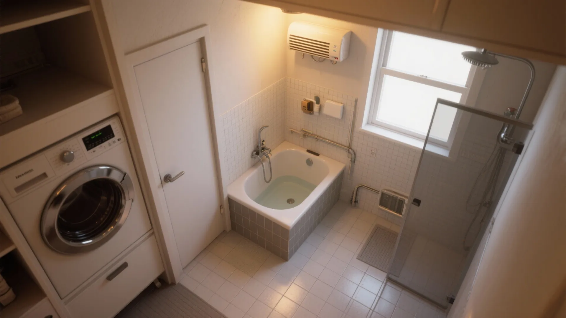 Small bathroom layout with a white washing machine small bathtub glass shower and a bright window