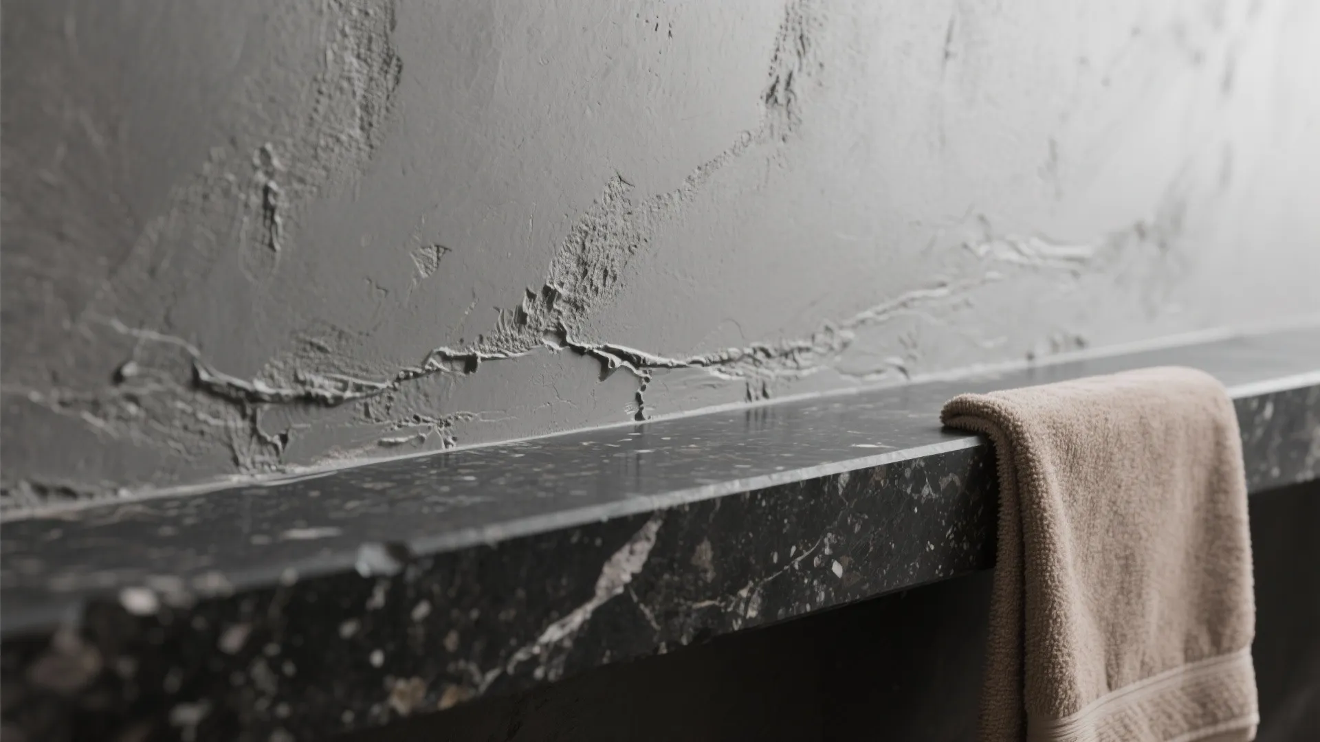 Charcoal Microcement and Textured Stone for Seamless Depth