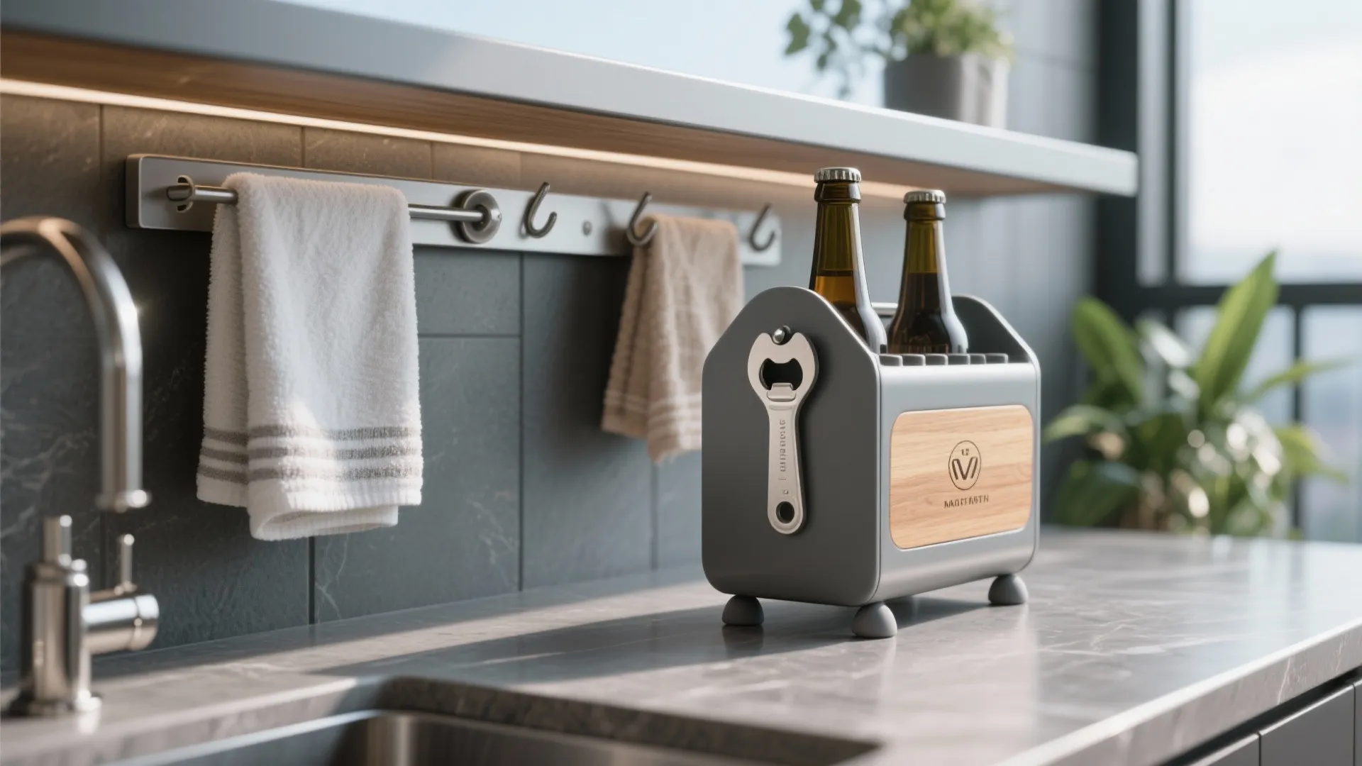 Modern kitchen counter featuring grey storage box for beer bottles beside a sink and towel
