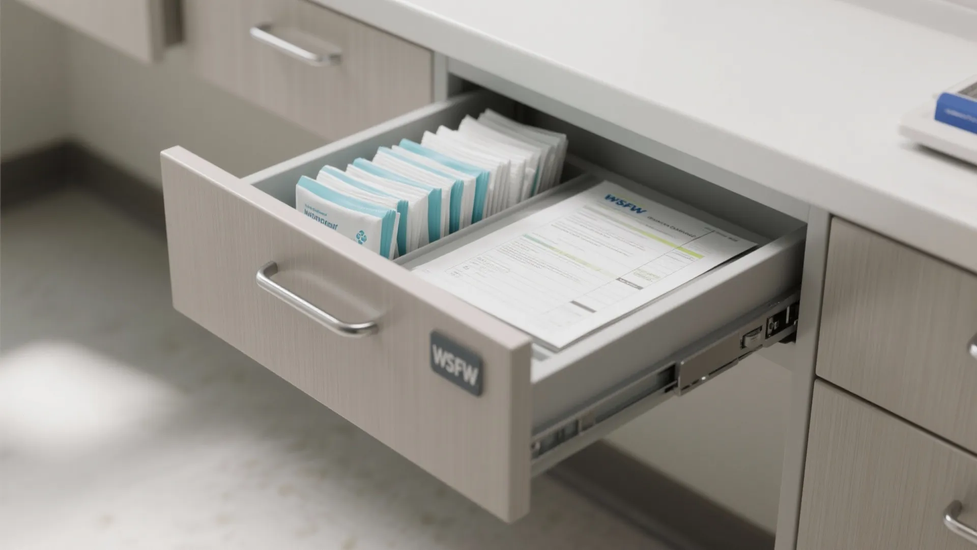 Open light wood drawer containing organized small blue packets and a white paper document inside