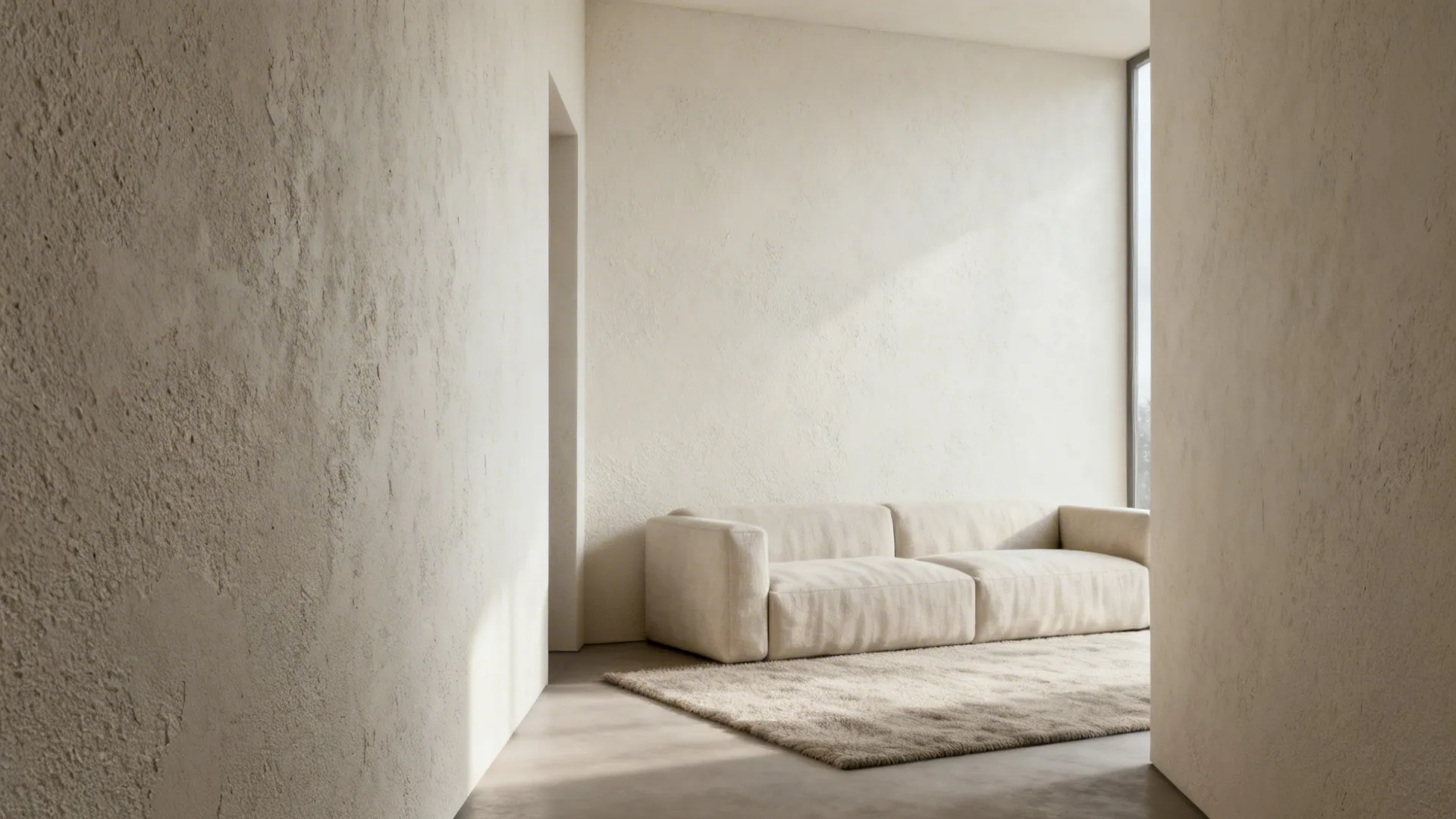 Off-white micro-stucco feature wall with fine aggregate in a minimalist small living room.