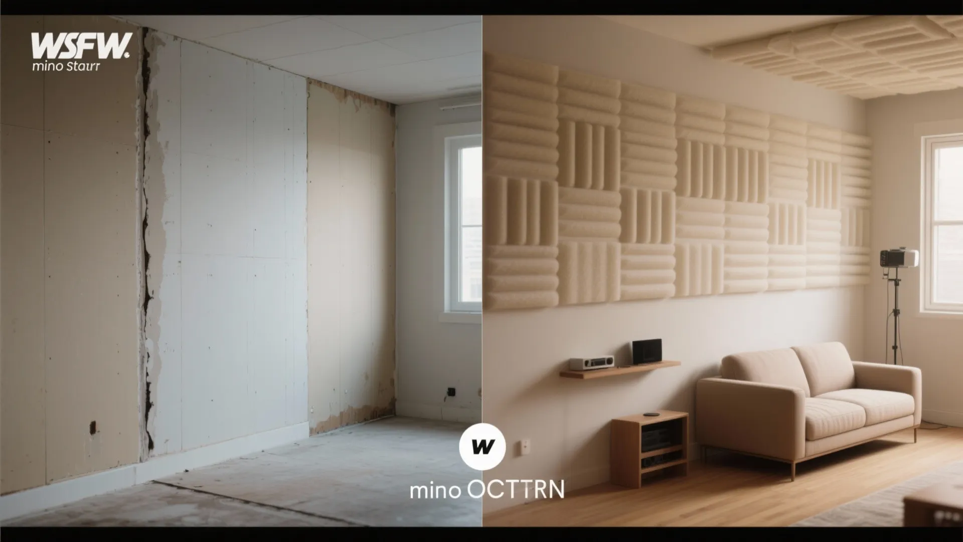 Before and after comparison of a bare room wall versus a finished living room space
