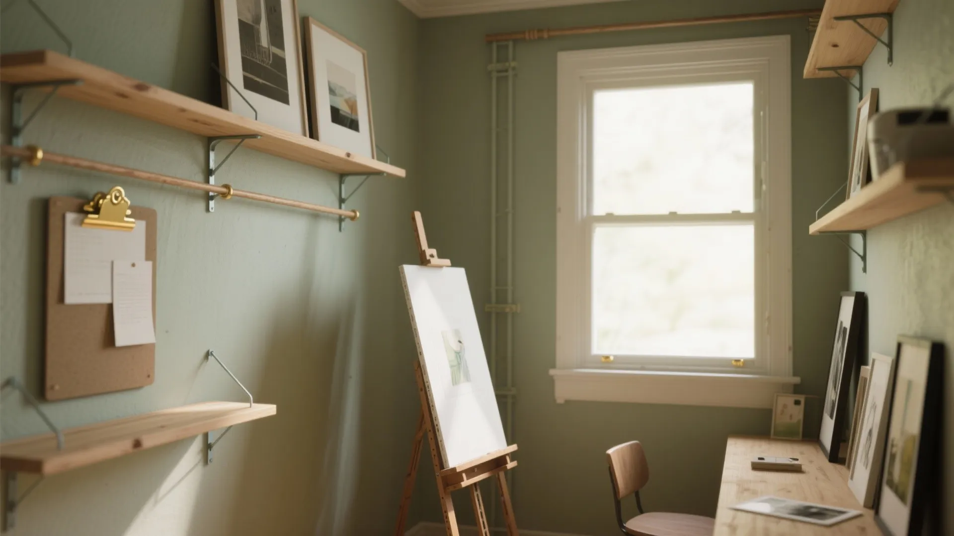 Small art studio with green walls wooden shelves wooden easel window desk chair and wall frames