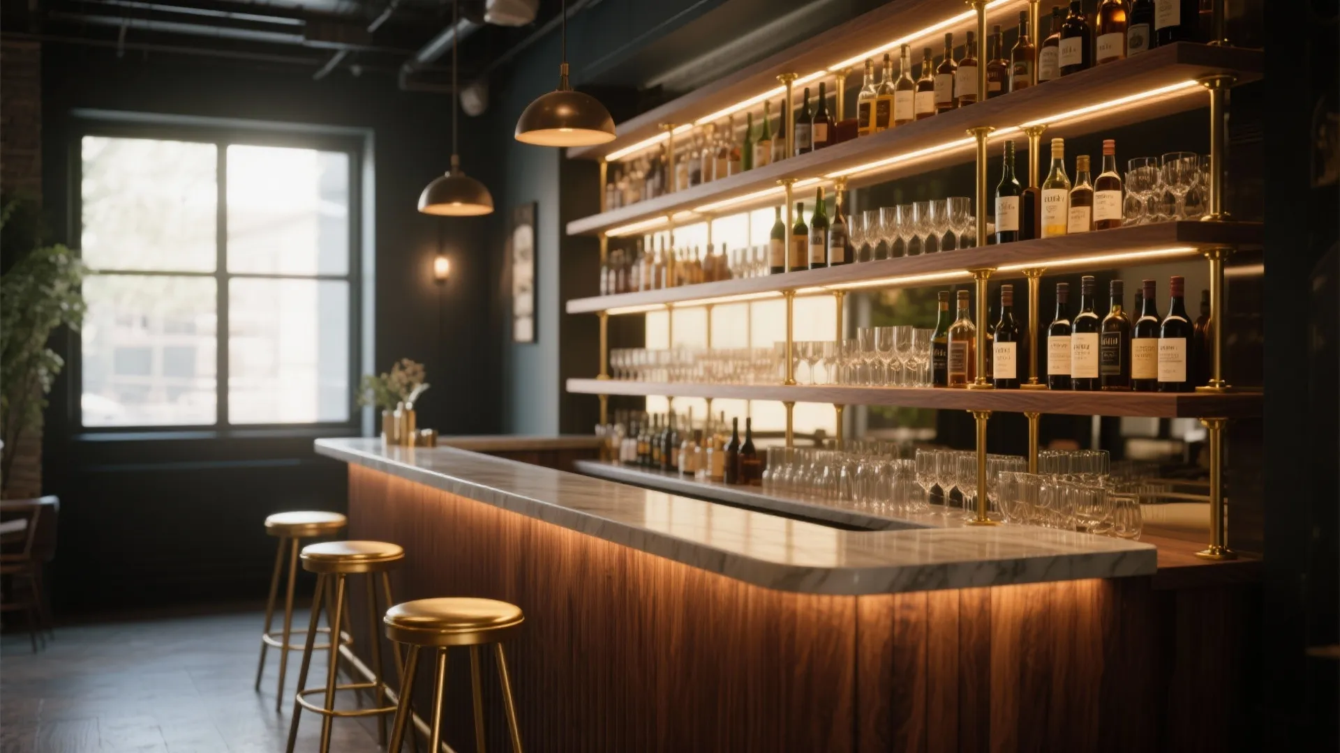 Modern commercial bar with marble counter golden stools glass shelves ceiling lights and large dark window