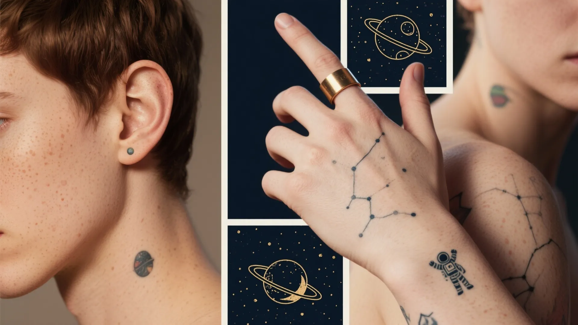 Collage of space themed body art featuring planet designs on skin with gold ring and astronaut