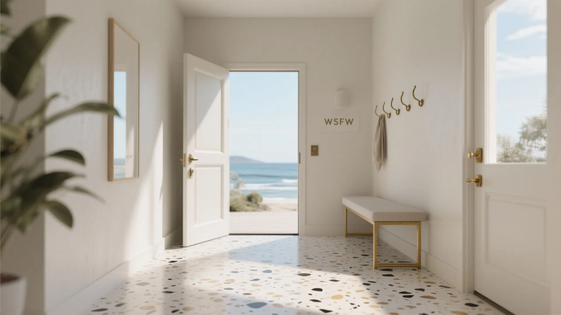 Bright hallway with speckled floor tiles white bench wall hooks and open door seeing beach