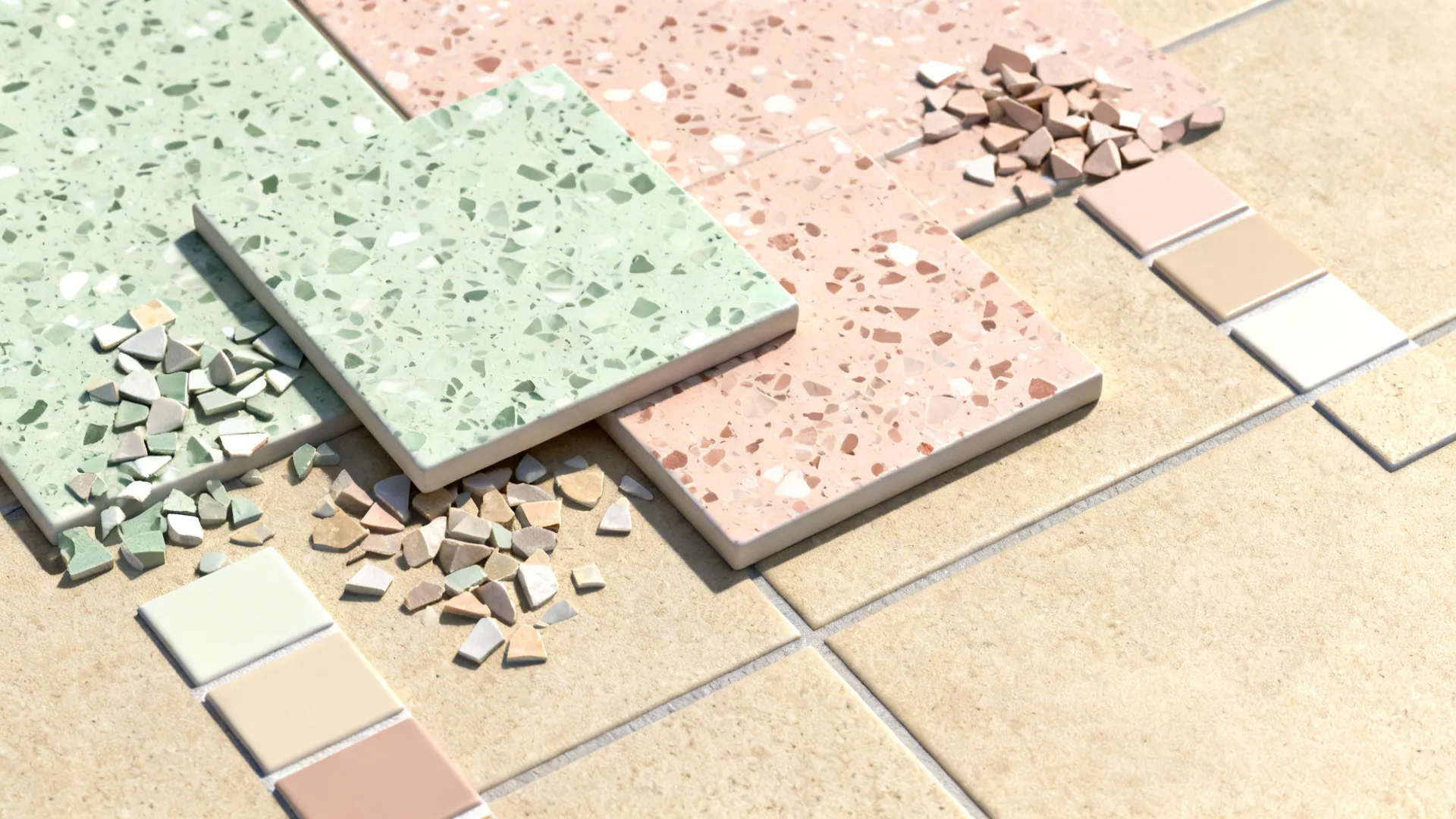 Top-down flatlay of micro-terrazzo porcelain samples in sage, blush, and sand with matching grout swatches.