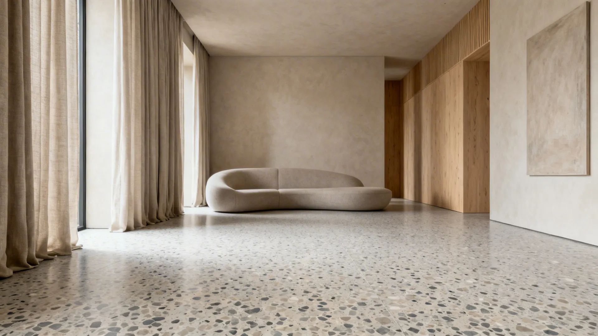 Minimalist living room with curved beige sofa, speckled floor, wooden wall panels, and large curtains
