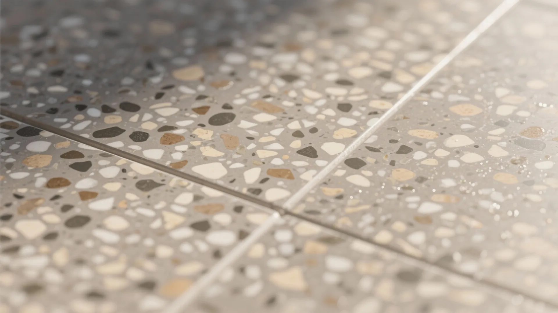 Macro of micro-terrazzo porcelain with tight aggregate and color-matched grout in warm-gray tones.