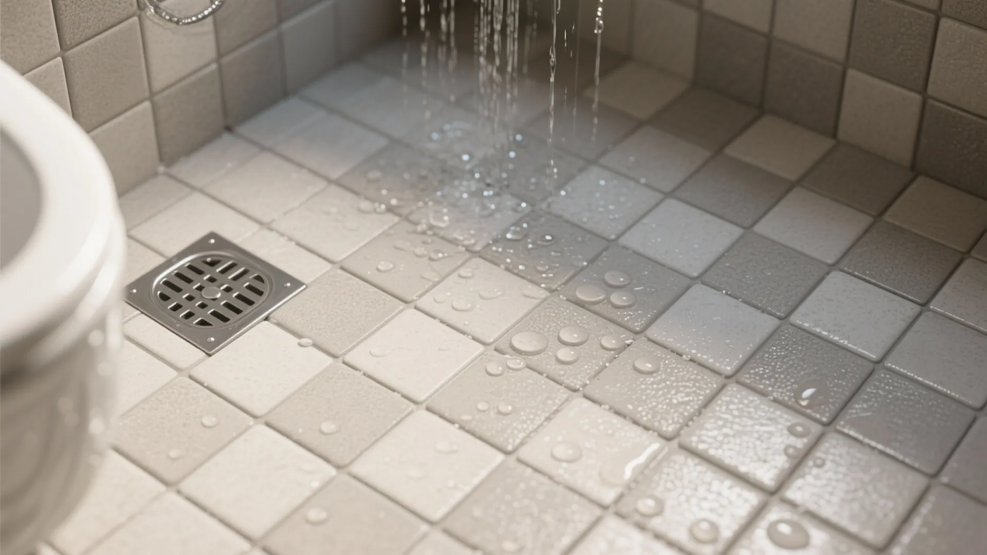Close up of water falling on anti slip square floor tiles with a metal drain