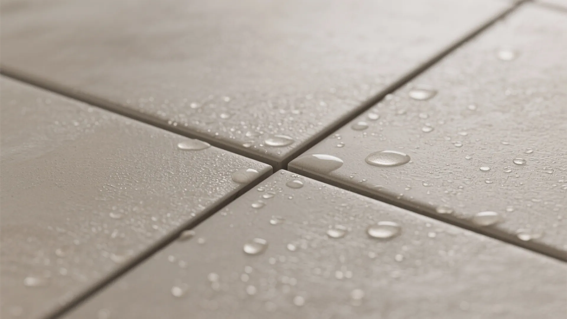 Close up of grey floor tiles showing waterproof surface covered with many small clear droplets