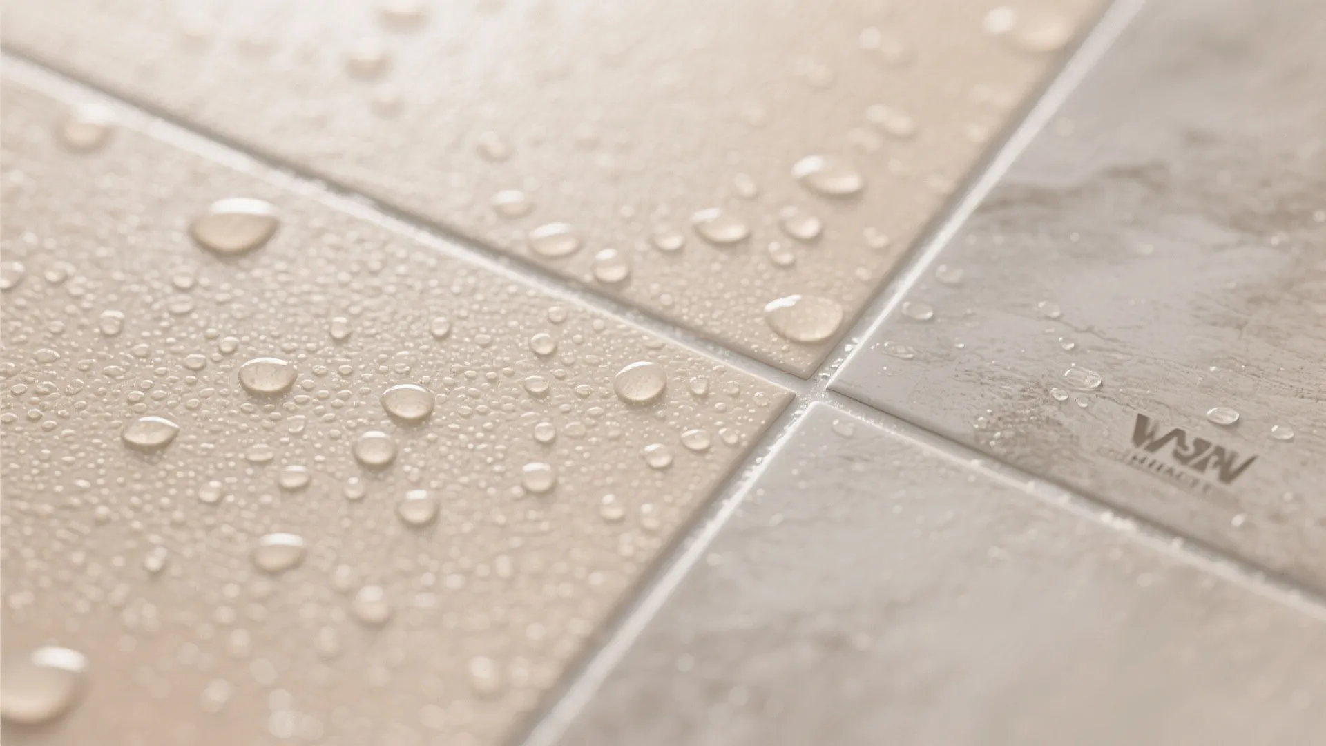 Close-up of textured beige and grey floor tiles with many clear water droplets on surface