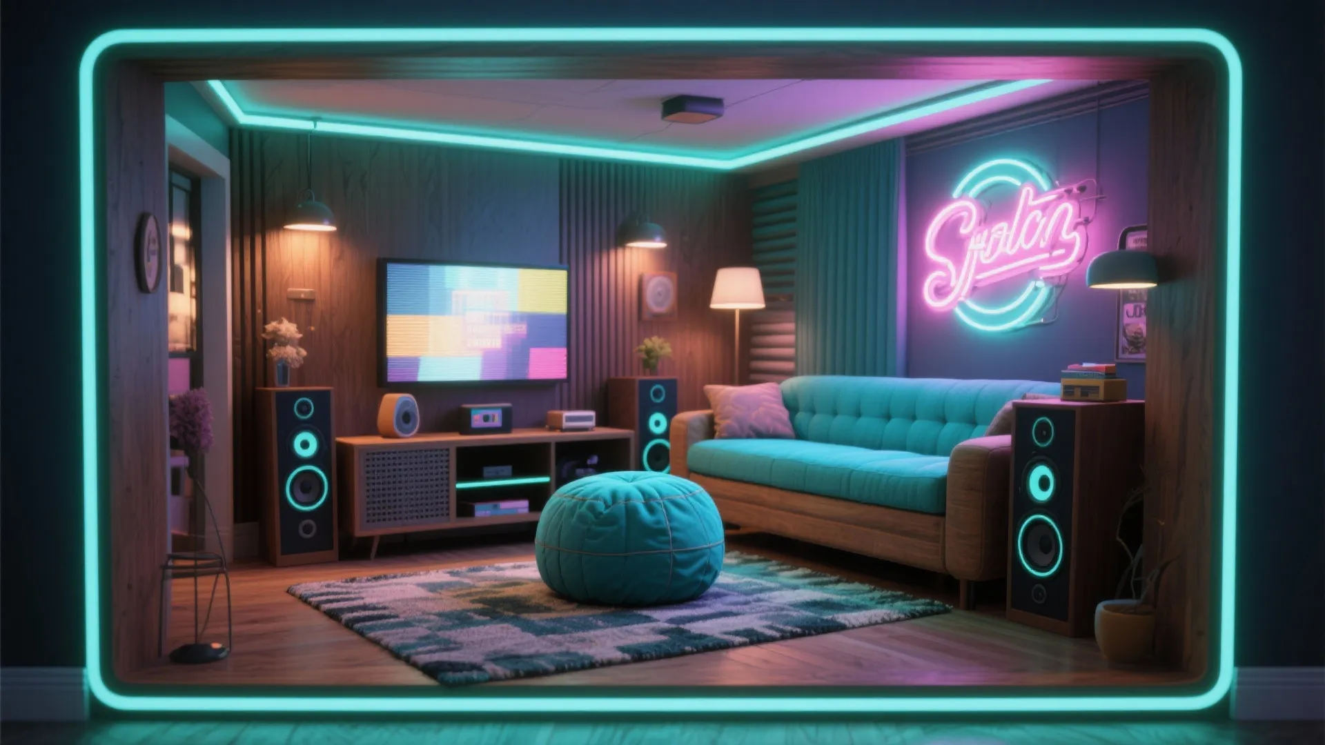 Neon lighted living room featuring blue sofa, footrest, large speakers, rug, and pink wall light