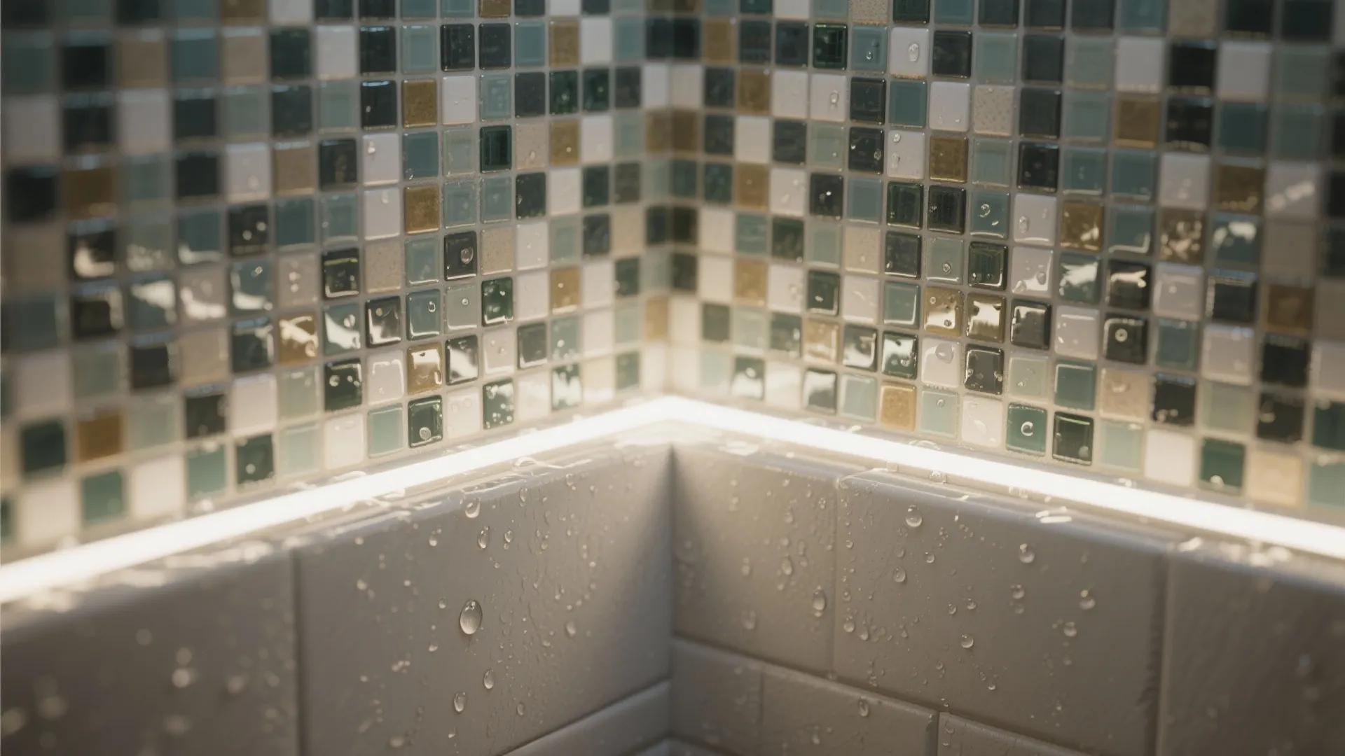 Close-up of glass and ceramic micro-tiles in a shower niche with LED accent lighting