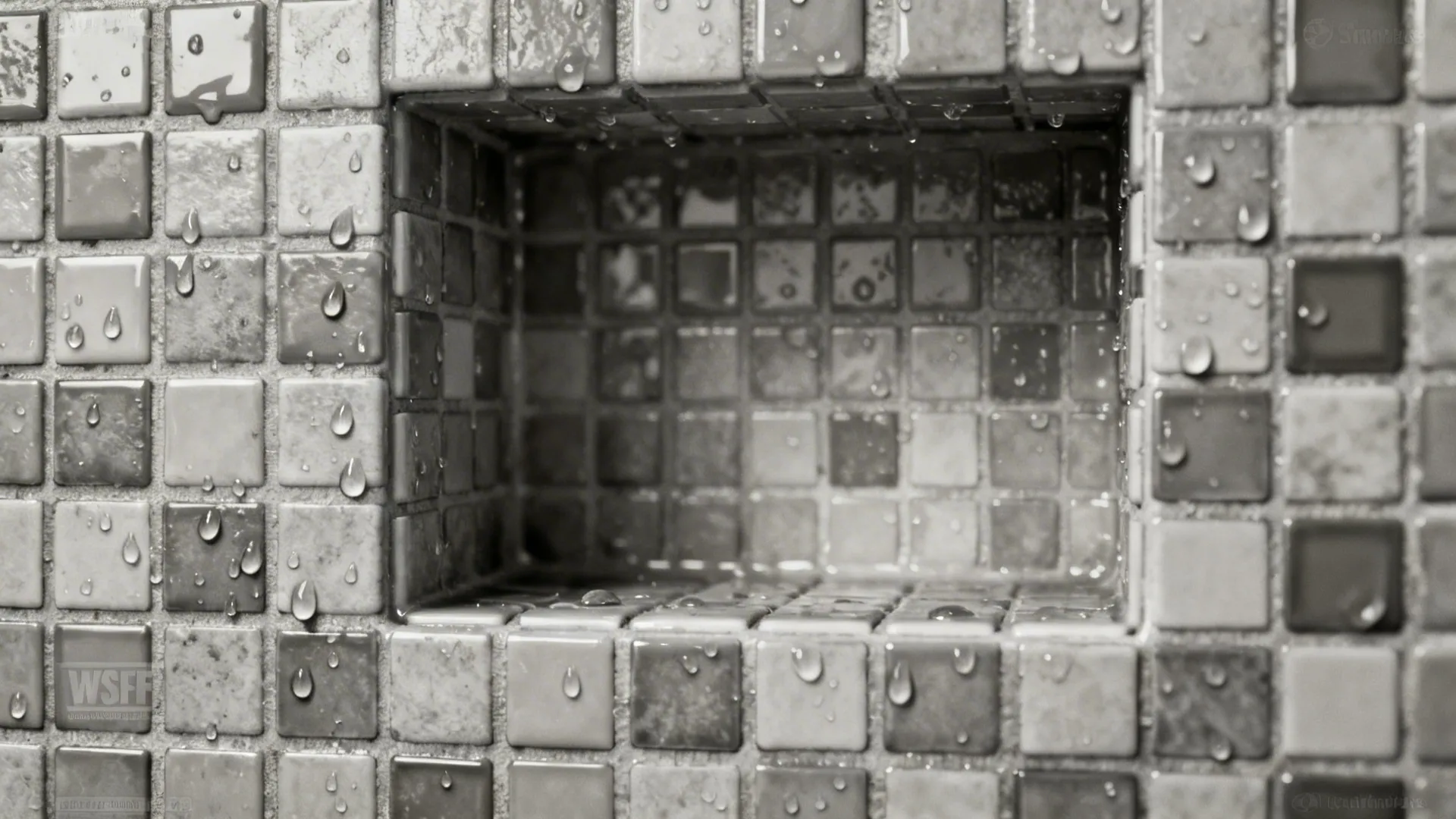 Close-up of monochrome micro-tiles with textured grout and subtle water droplets