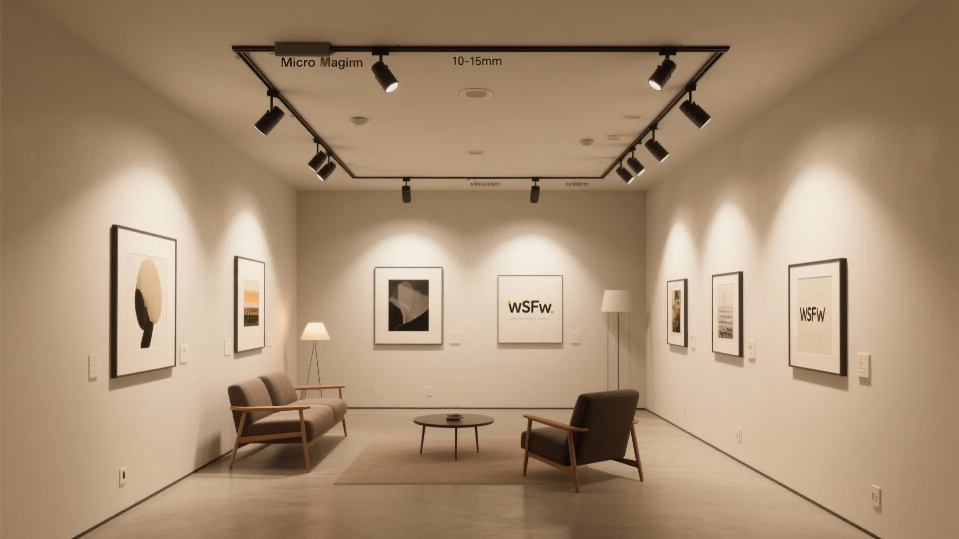 Modern art gallery room with track ceiling lights sofa chairs coffee table and framed pictures