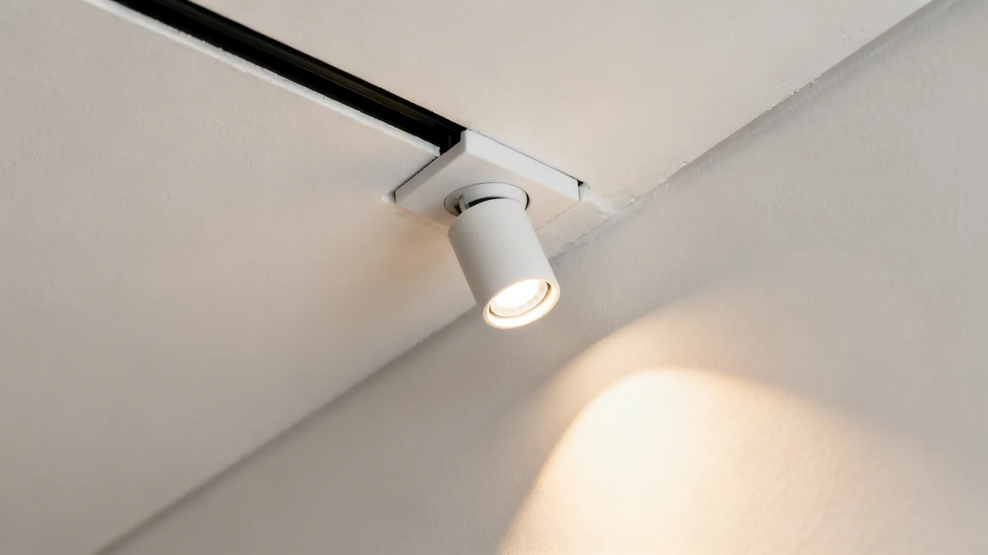 Macro of concealed magnetic track and tiny spot head in a micro-drop ceiling.