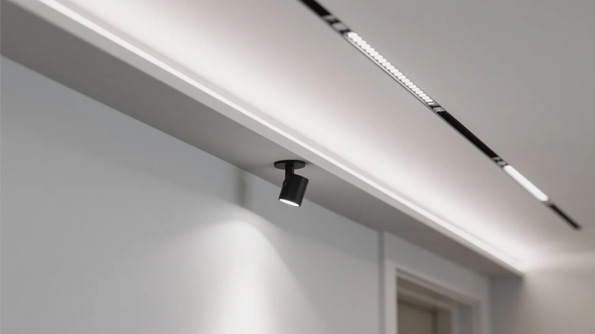 1) Minimal drywall edge trim with recessed micro-track