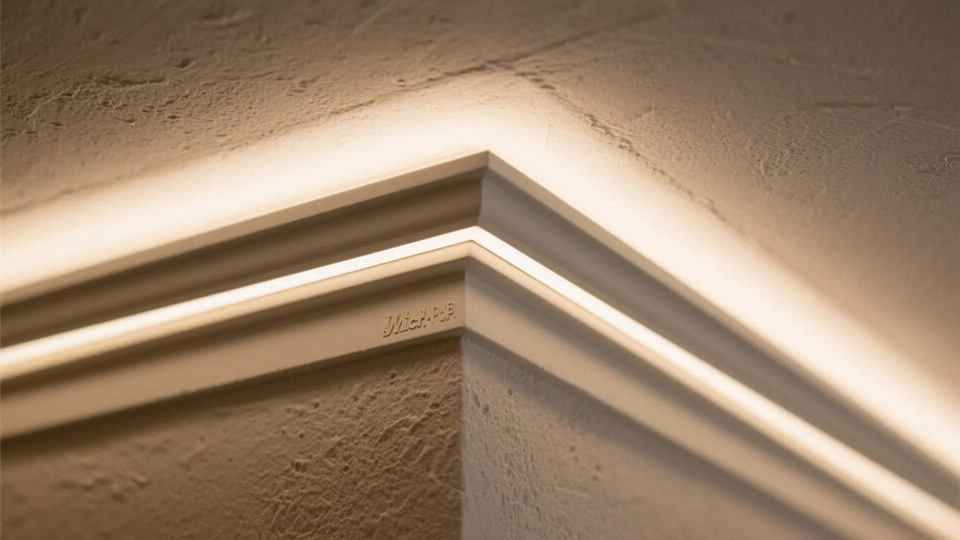Close up of a wall corner with a hidden light strip built into the ceiling
