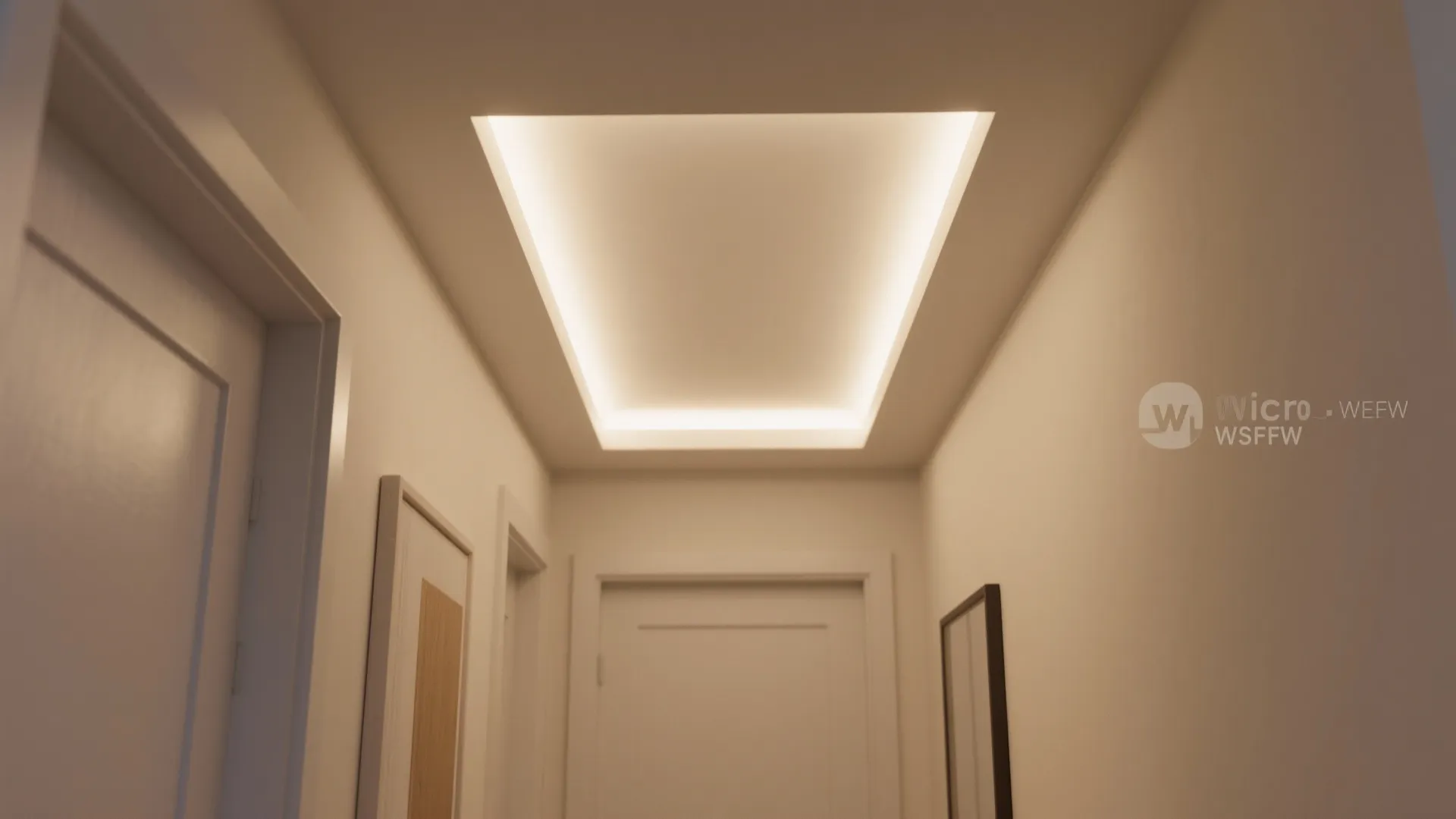 Close up of a white hallway ceiling featuring a rectangular recessed light strip and doors