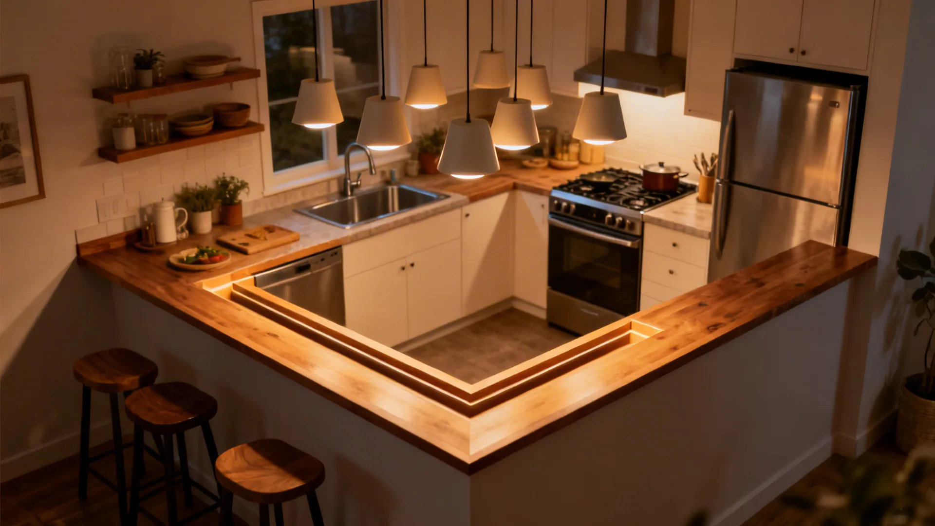 5) Micro-tray above the work triangle with pendant cluster