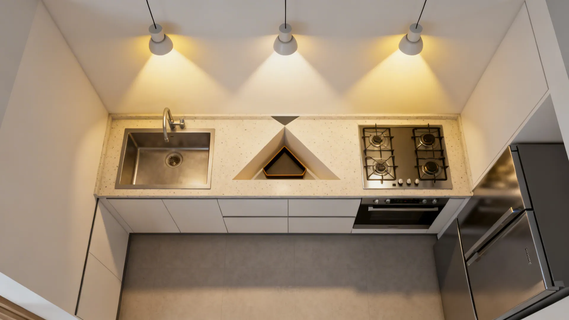 5) Micro-tray above the work triangle with pendant cluster