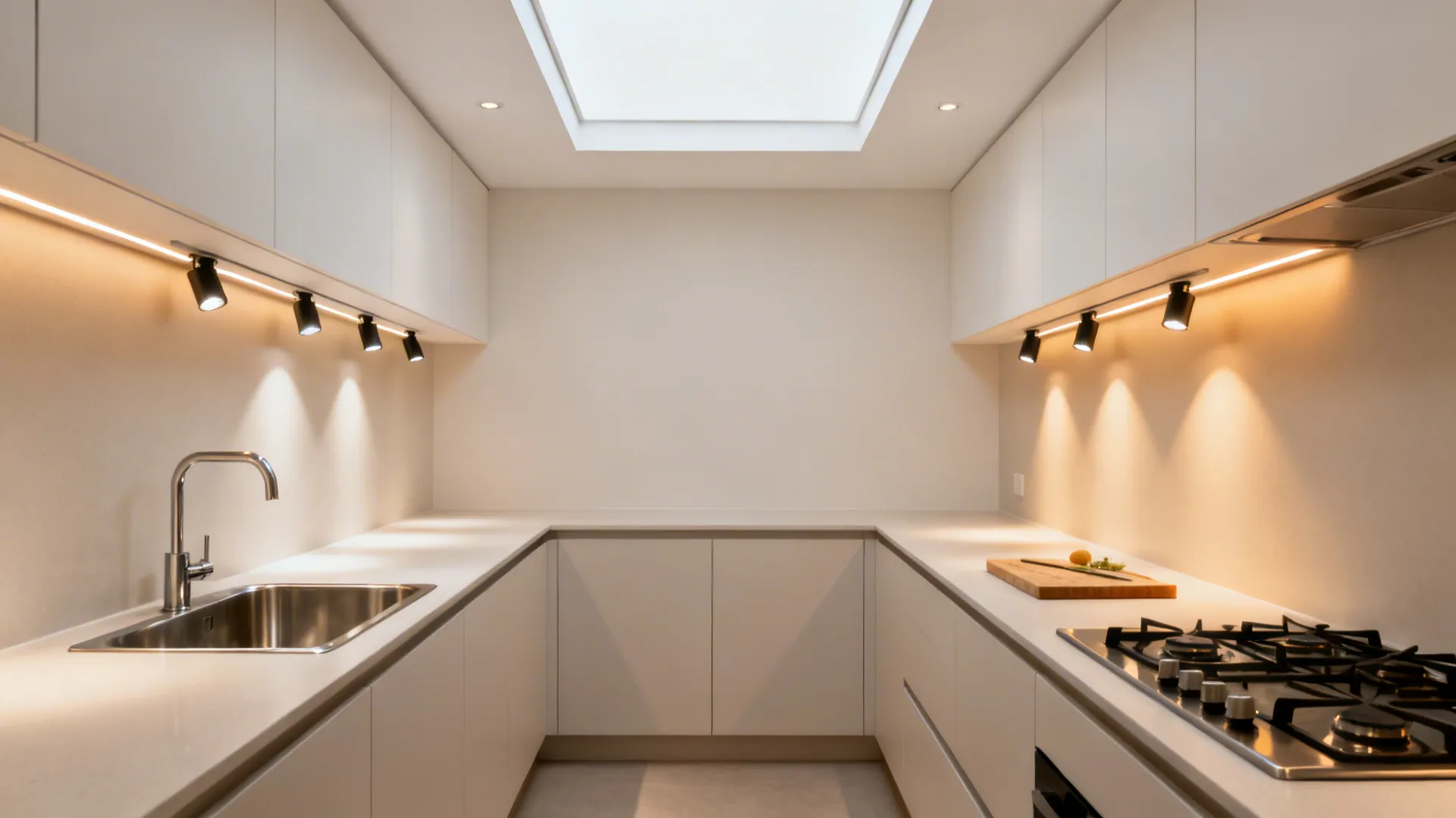 Micro-tray POP ceiling with recessed spots aligned to the cooktop, sink, and prep area.