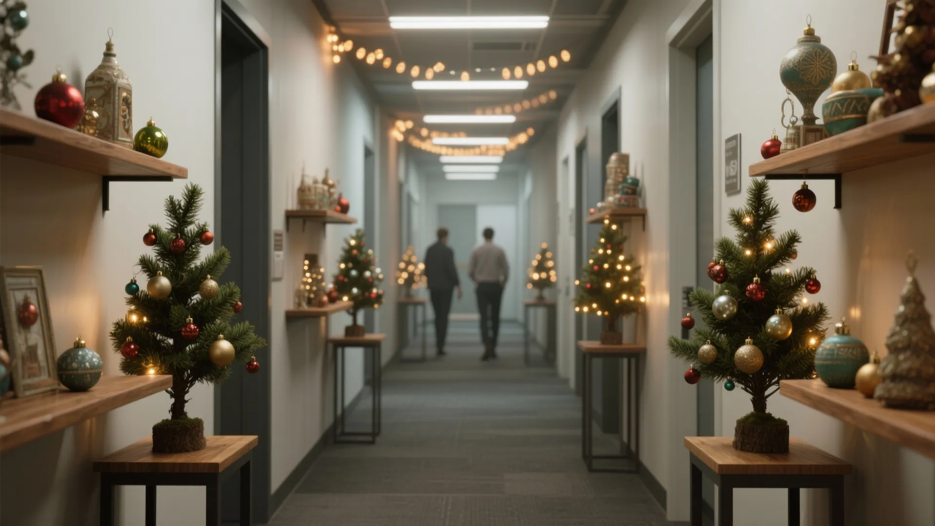 Bright office corridor featuring miniature decorated christmas trees on wooden shelves and warm ceiling lights