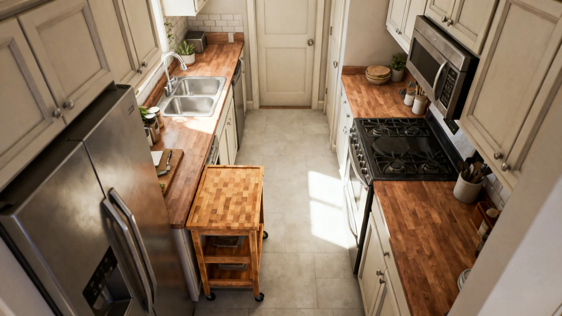 Top-down galley layout highlighting sink, stove, and prep micro-triangle with a small cart.