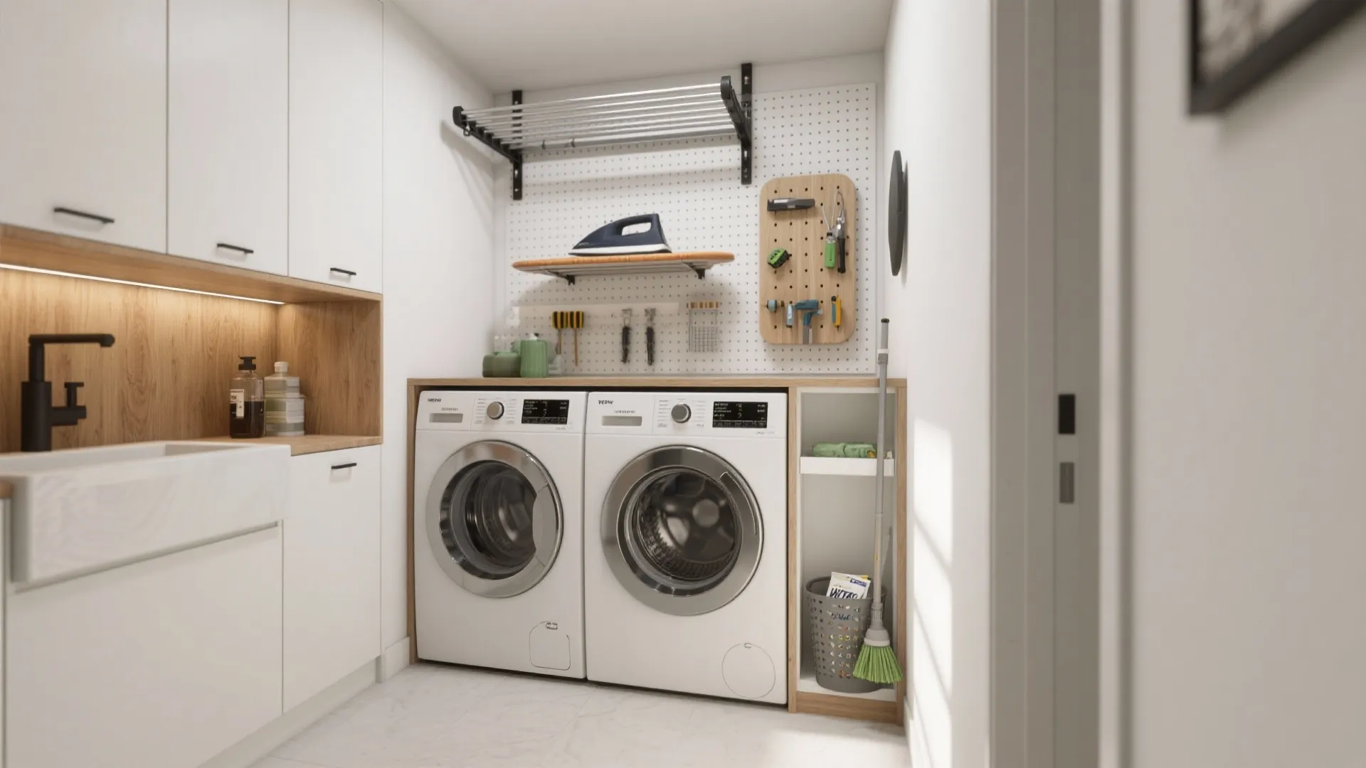 Modern utility room featuring two side by side washing machines under a white wall cabinet