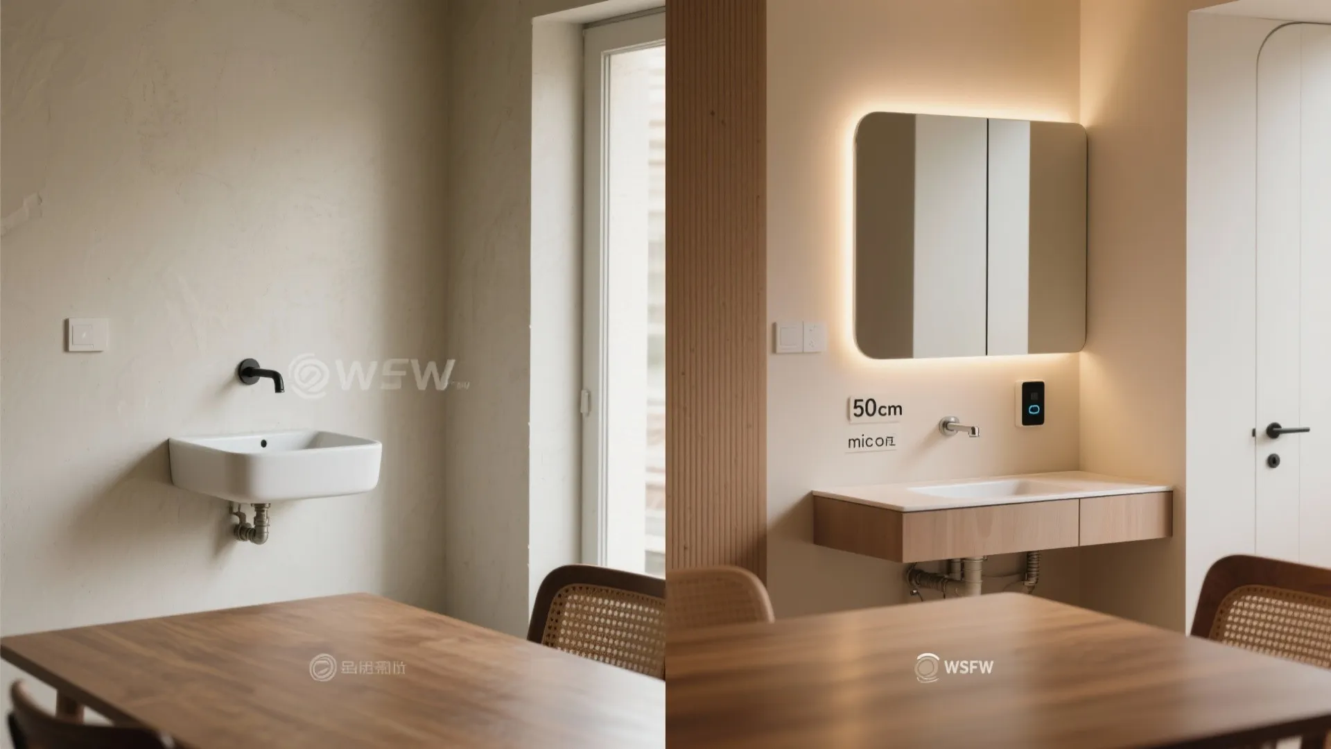 Before and after side by side comparison of a simple sink and modern bathroom vanity