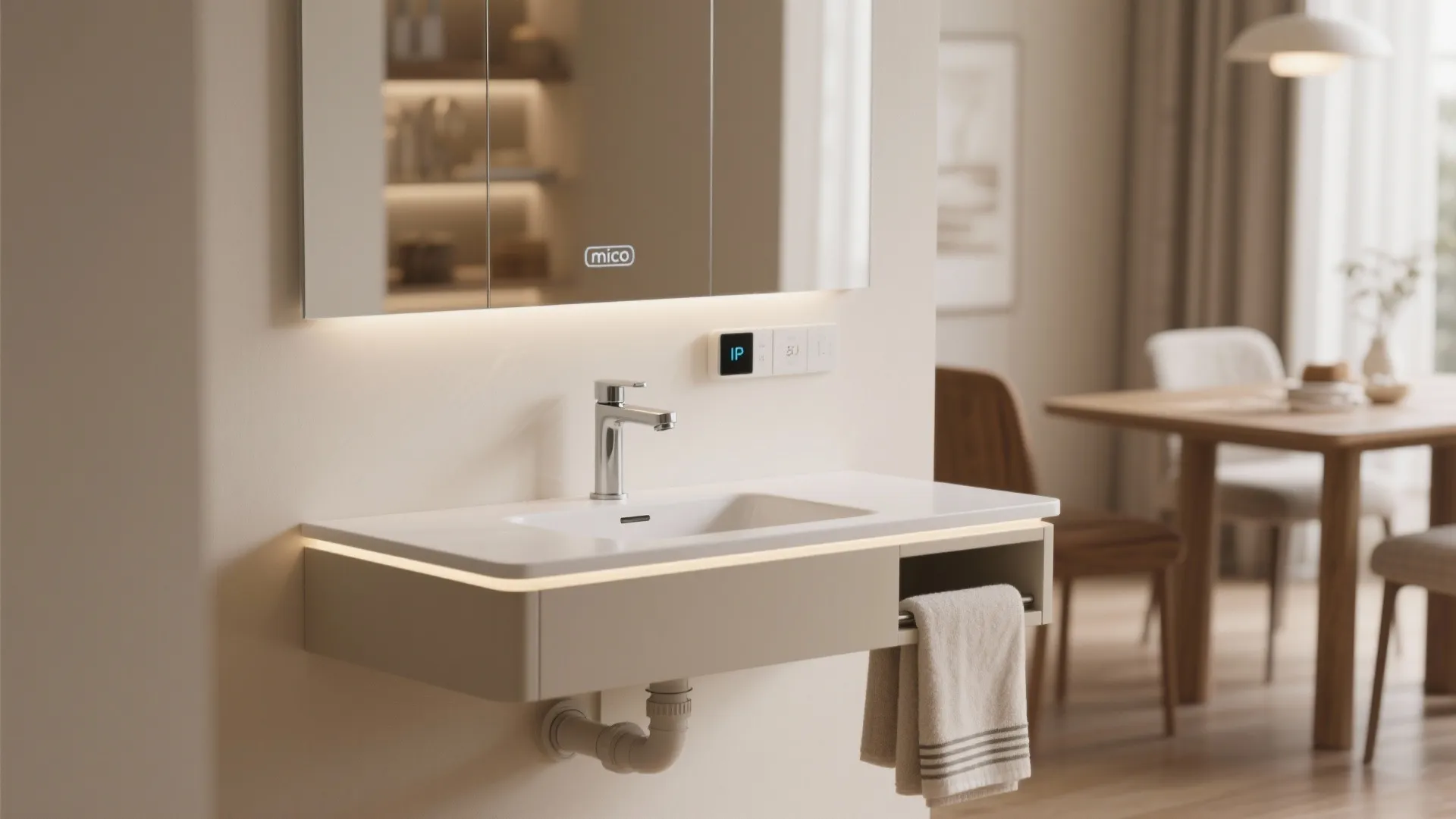 Modern wall hung bathroom cabinet with integrated sink led light mirror and smart sensor display