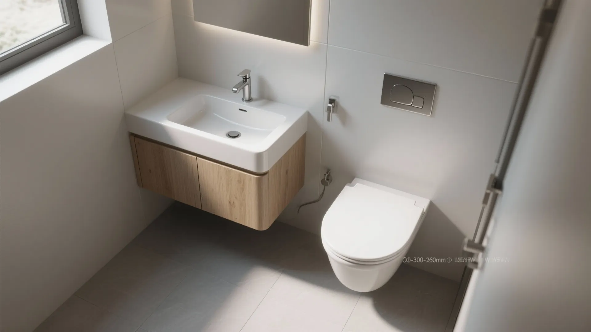 Small WC with a slim micro-vanity and wall tap for better circulation.