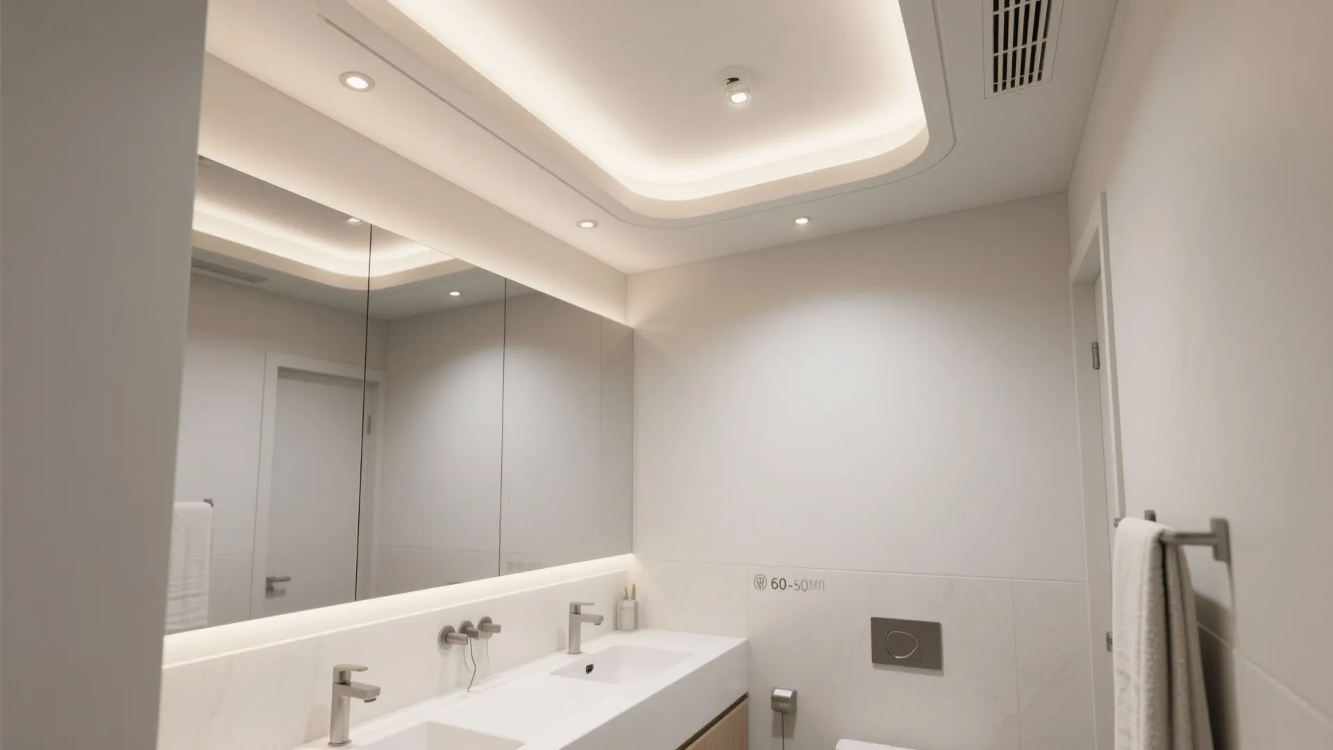 Modern white bathroom with double sink cabinet large mirror and warm hidden ceiling light fixture