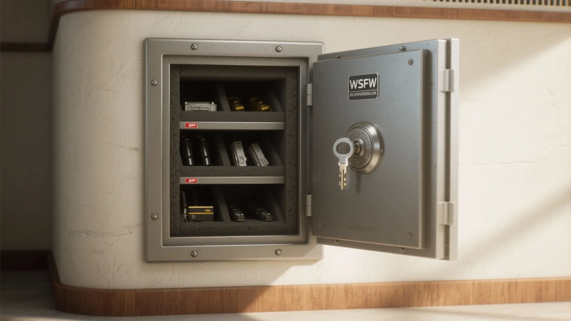 Open wall safe with silver key showing organized storage shelves inside a modern cream wall
